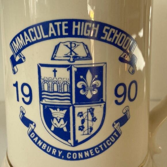 IMMACULATE HIGH SCHOOL DANBURY CT Stein Class 1990 24 Fl Oz Large Cream Blue - Picture 2 of 7